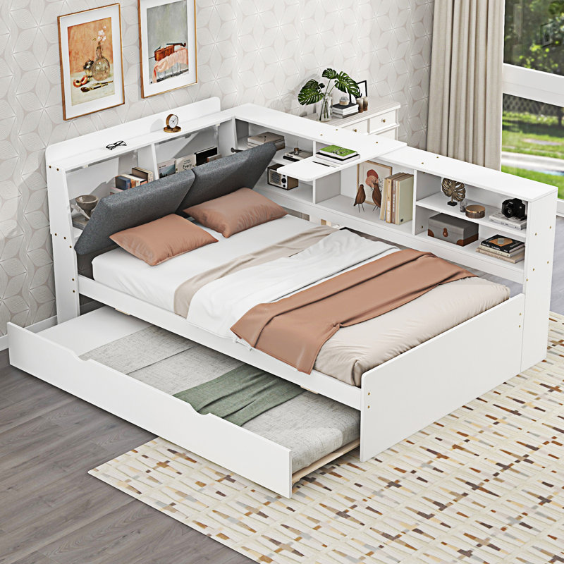 Lit plateforme en bois avec lit gigogne, Lit simple, Blanc