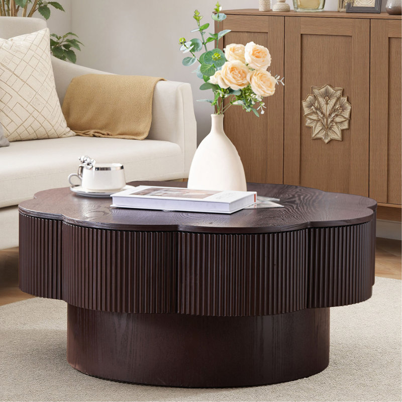 Table basse 31,50 "en forme de fleur moderne, table basse en forme de fleur de prunier avec rangement - placage en bois naturel, pour salon, appartement, bureau, assemblage facile
