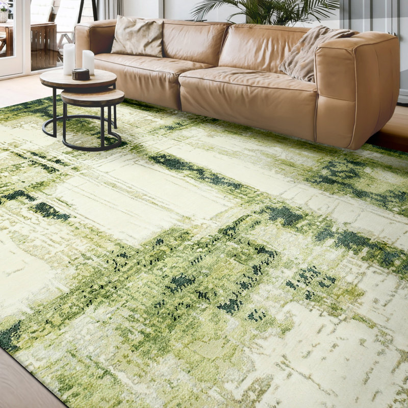 Hand Knotted Abstract Area Rug in Ivory/Green, Rectangle 8' x 10'