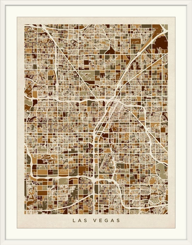 «Las Vegas Street Map» par Bellen, impression, Cadre blanc, l 44 po x P 35 po x H 1 po