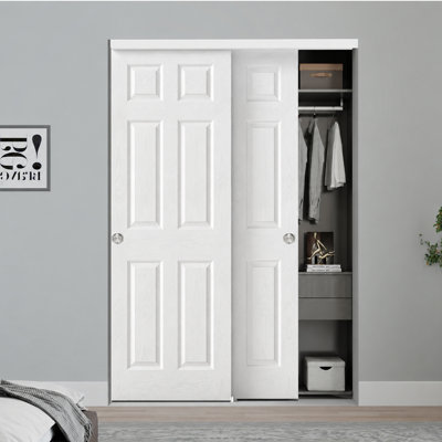 Portes d'armoire coulissantes moulées, 6 panneaux, apprêtées blanches texturées, 48 ​​po x 80 po, avec quincaillerie d'installation et poignée en nickel satiné
