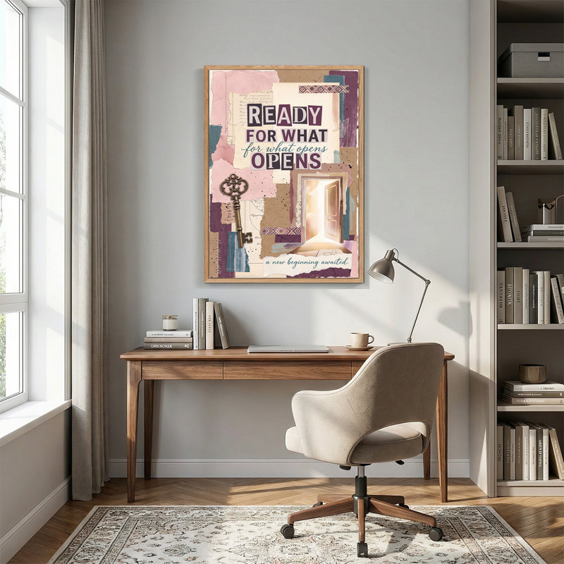 Prêt pour ce qui s'ouvre, collage mauve avec porte et clé, H 48 po x l 32 po