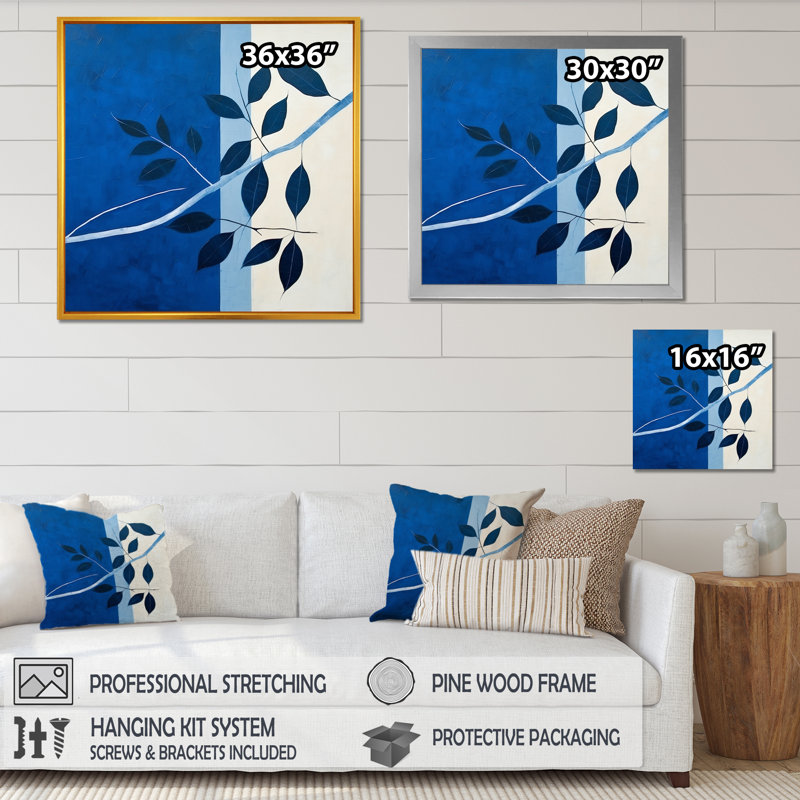 Silhouette de feuilles bleues saphir II, Cadre flottant blanc, H 24 po x l 24 po x P 1 po