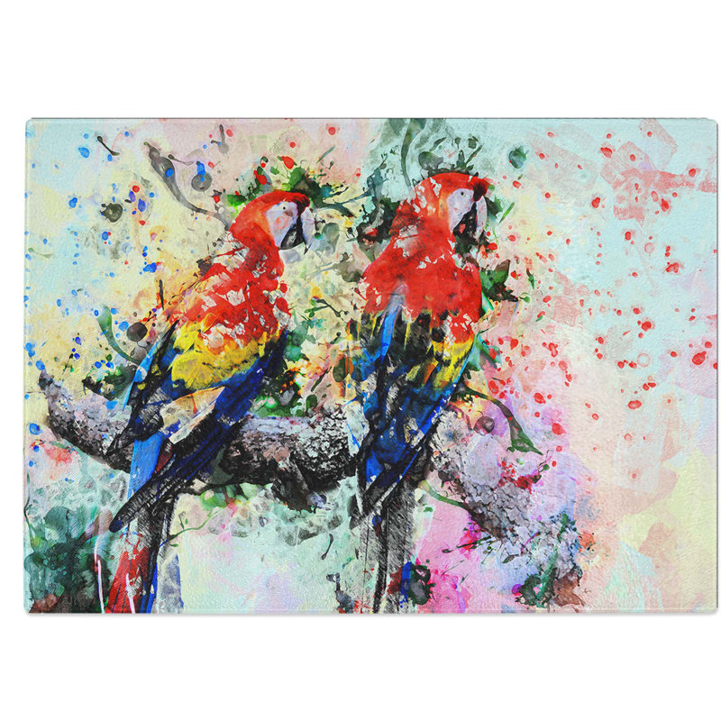 Tempered Glass Two Rainbow Macaw Parrots in Abstract Chopping Board, 39 cm W x 28.5 cm L