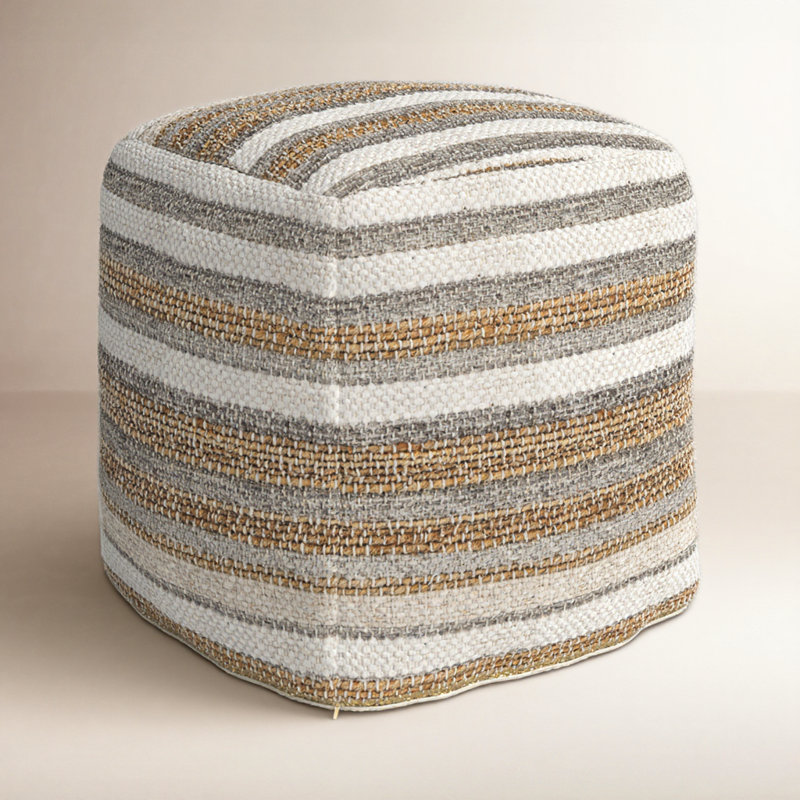 0H White/Taupe/Gray Striped Hemp And Cotton Pouf