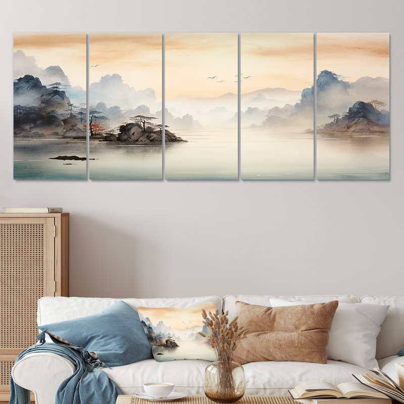 «Grey Tranquil Chinese Landscape Serenity II - China», art mural 5 pièces, H 28 po x l 60 po