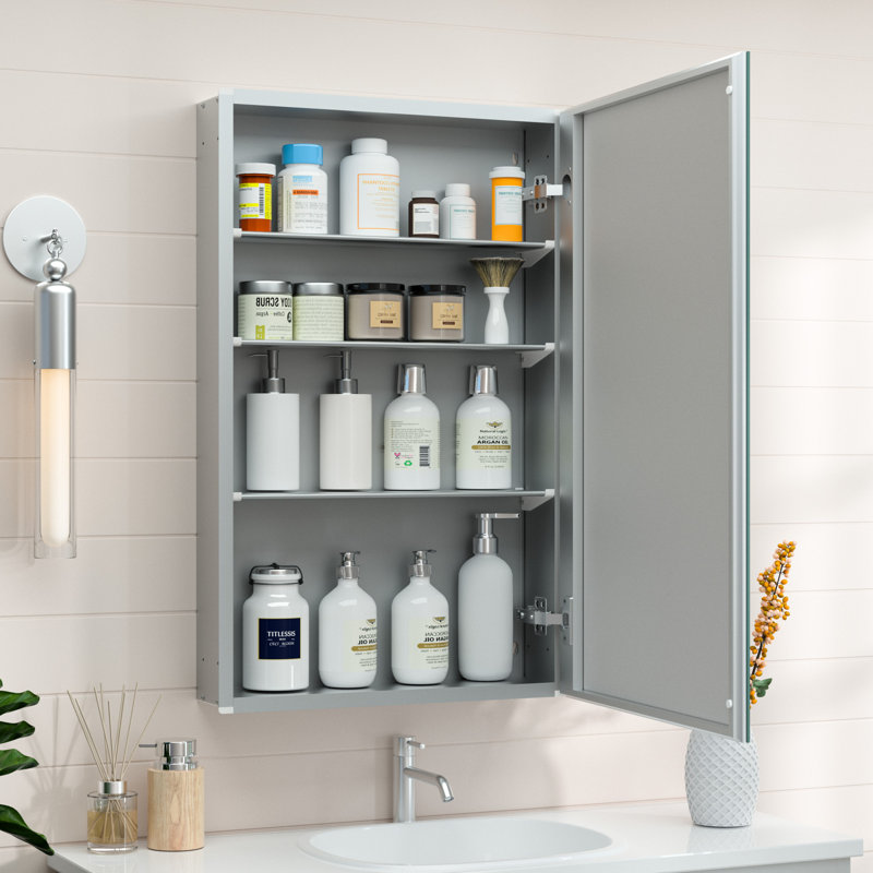 Husai Recessed or Surface Mount Aluminum Frameless Medicine Cabinet With Mirrored Door and Adjustable Shelves, Silver