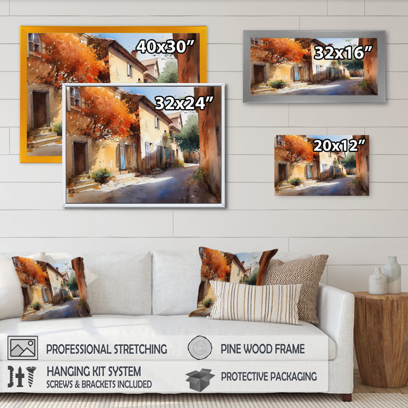 Jaegar, village méditerranéen, rue III, sur toile, H 34 po x l 44 po x P 1,5 po, Encadrement doré