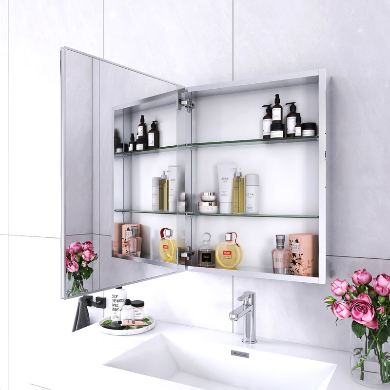 Miroir encastré ou à fixation en surface avec 2 tablettes réglables en verre trempé, H 26 po x l 20 po x P 5 po
