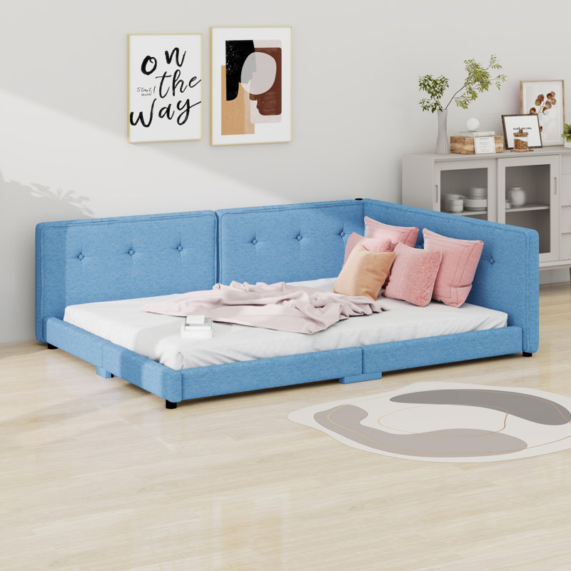 Lit plateforme tapissier avec ports USB, Bleu