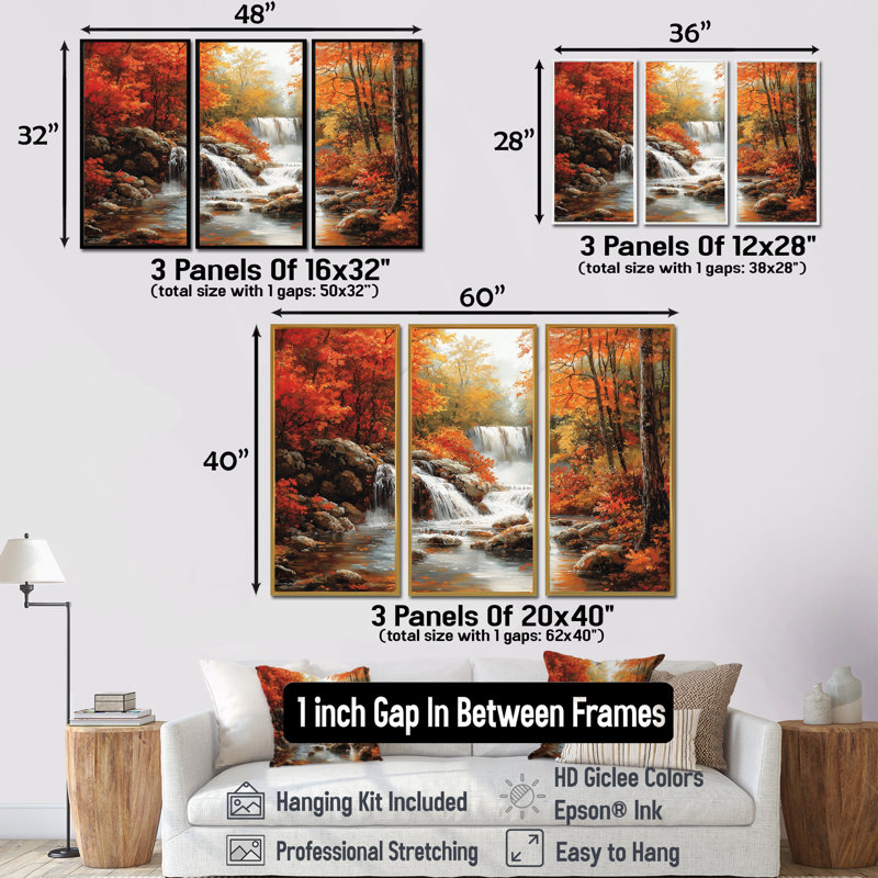 Ensemble de salon art mural orange automne, Toile avec cadre flottant noir, H 28 po x l 36 po x P 1 po