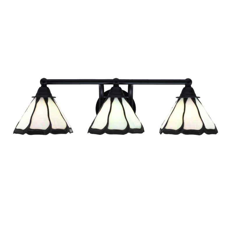 Paramount 3 Light Bath Bar Shown In Matte Black Finish With 7" Pearl & Black Flair Art Glass