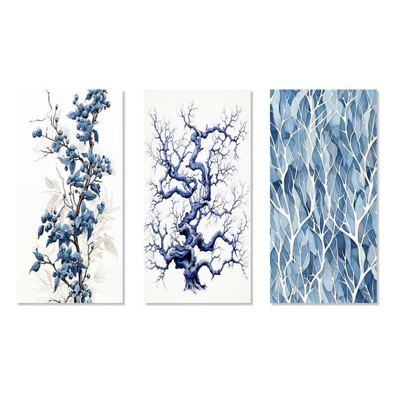 Windy - arbre blanc et bleu, beauté I - ensemble de 3 impressions d'arbre en métal, H 28 po x l 36 po