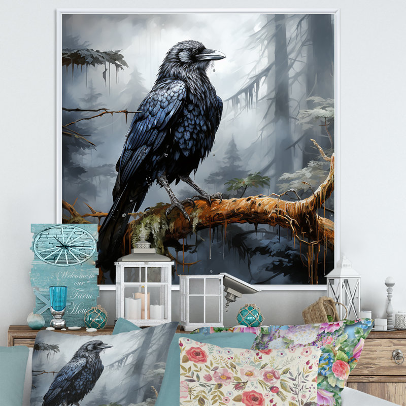 «Black Raven Forest Guardian II» - art mural animal corbeau, Cadre flottant blanc, H 30 po x l 30 po x P 1,5 po