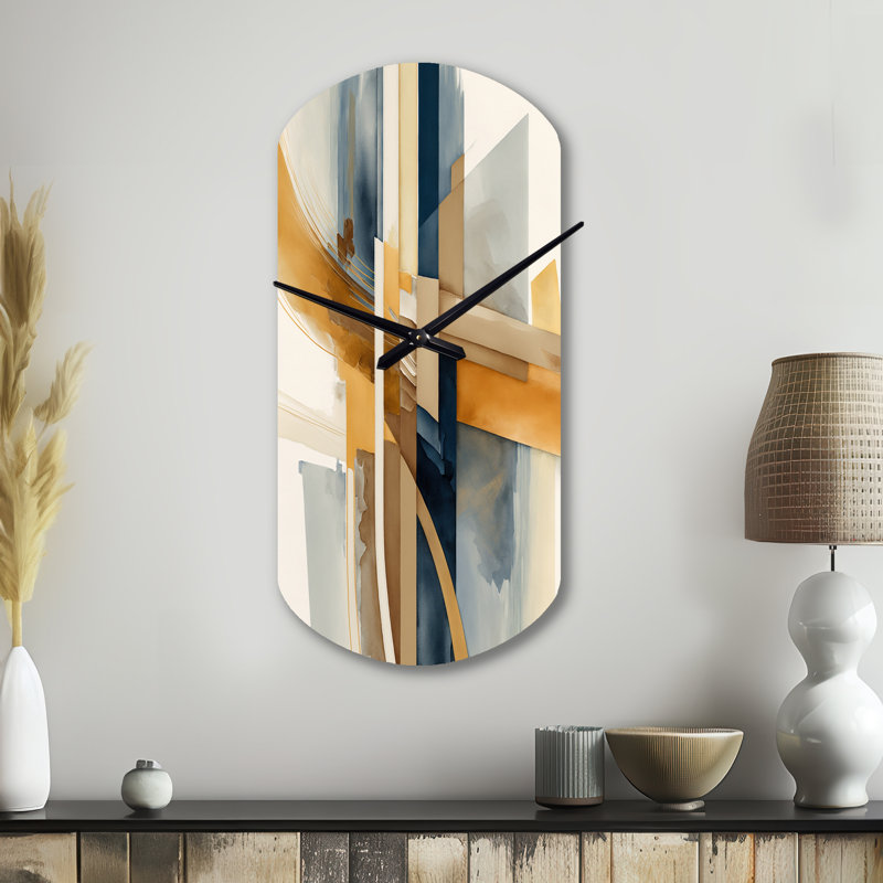 Horloge murale moderne en métal bleu et doré abstrait I - horloges asymétriques transitionnelles en métal, Grand