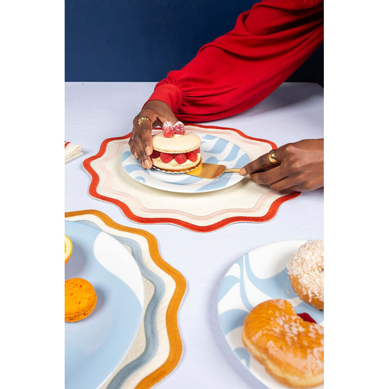 Colorblock Embroidered Linen Placemats, Pink/Red