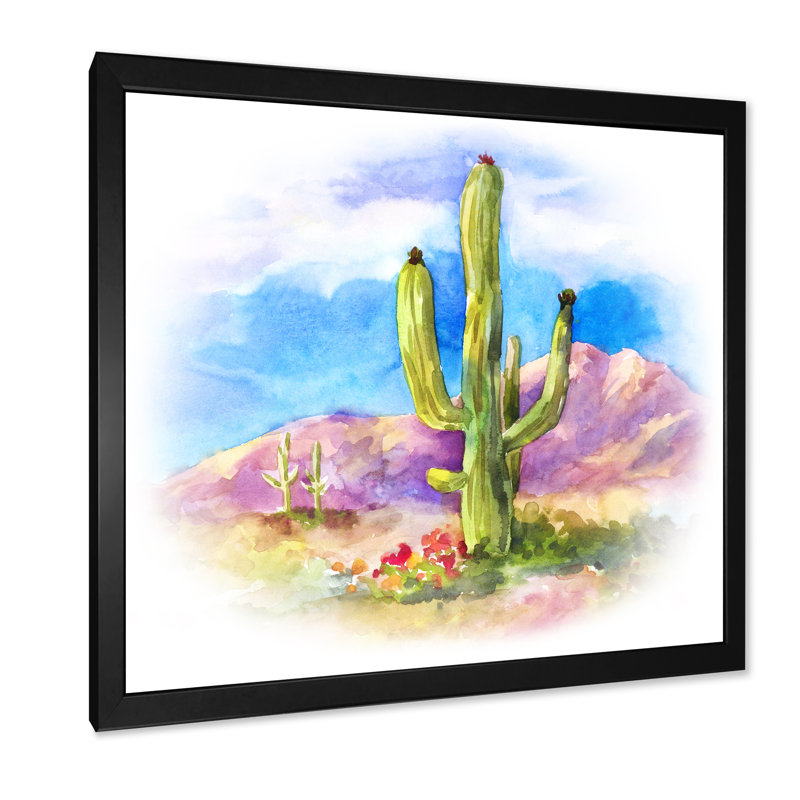 Cactus carnegiea dans le dessert - on, Toile avec cadre noir, H 16 po x l 16 po x P 1 po
