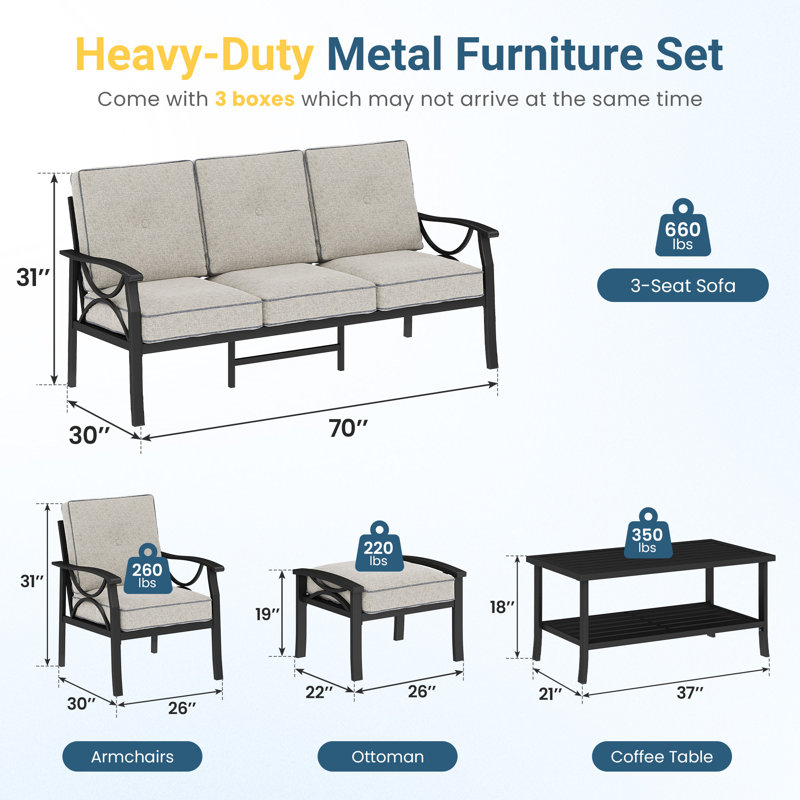  Outdoor Furniture Set with 4" Cushions, 7-Person All-Weather Metal Frame Patio Furniture Set, 6-Piece Outdoor Patio Set with Ergonomic Back Support