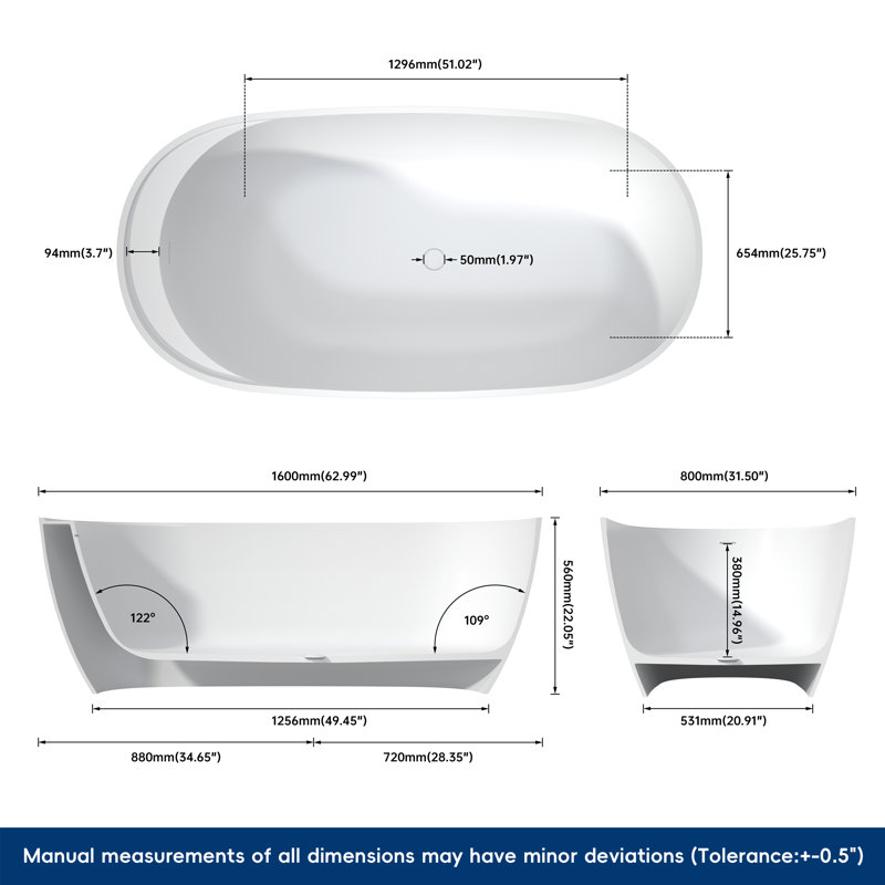Baignoire de trempage profonde 63 po