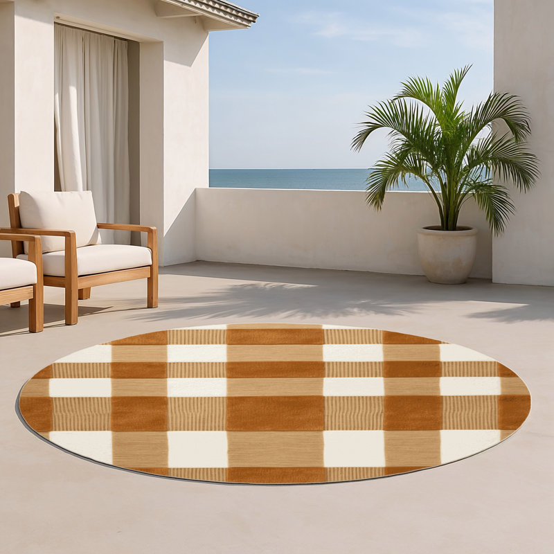 Checkered Brown Indoor and Outdoor Area Rug, Round 5'