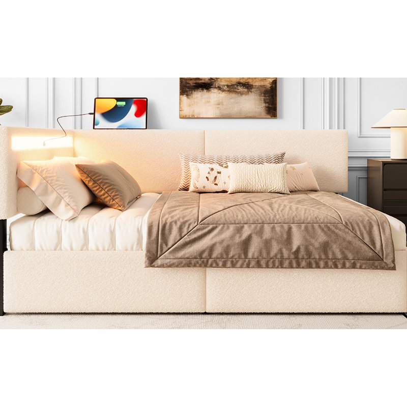 Lit simple simple avec tête de lit tapissier, 2 tiroirs de rangement, chargement, lattes en bois massif, sans sommier, beige, confortable pour les petites pièces, molleton doux, assise ergonomique, esthétique Mid-Century