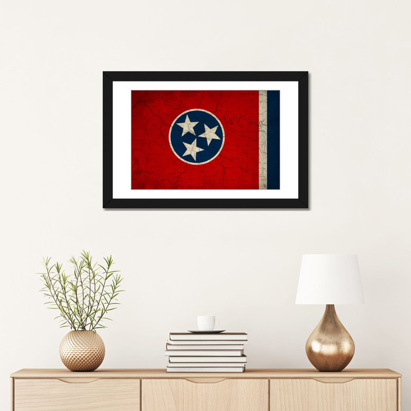 «Flags Tennessee Map», impression sur toile tendue, H 18 po x l 26 po x P 1,5 po, Toile avec cadre noir, Pas de tapis