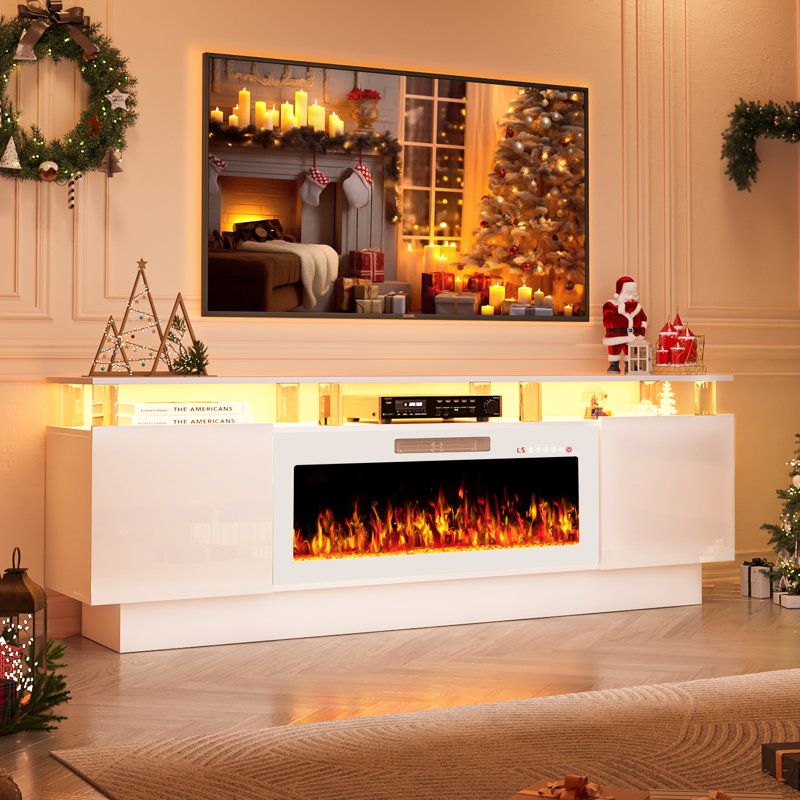 Meuble télé à 2 niveaux de 70 po avec foyer électrique brillant, Blanc