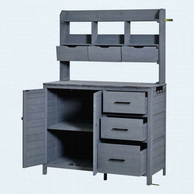 Table de jardin 44,6 po avec 6 tiroirs, armoire inférieure et crochets latéraux, poste de travail de jardin extérieur autoportant, gris