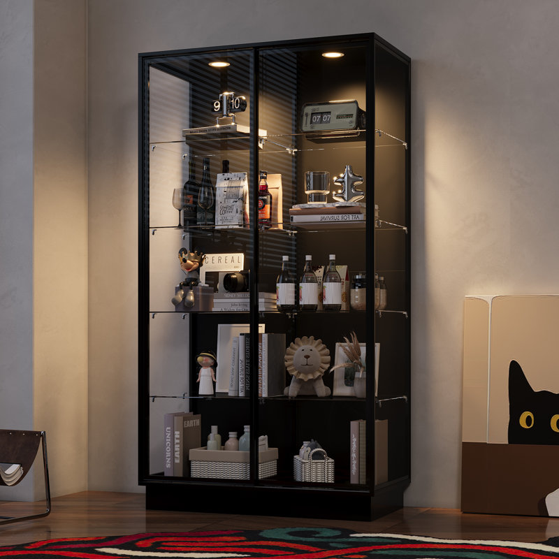 72.8 In. H Black Curio Display Cabinet With Sliding Glass Doors & 3-Color Led Lighting Glass Shelf Storage