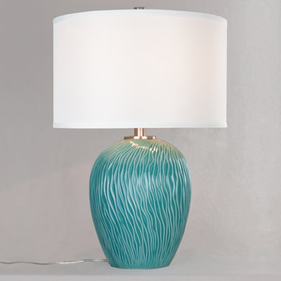Lampe de table en céramique 22 pouces, base texturée bleu sarcelle avec abat-jour tambour en lin