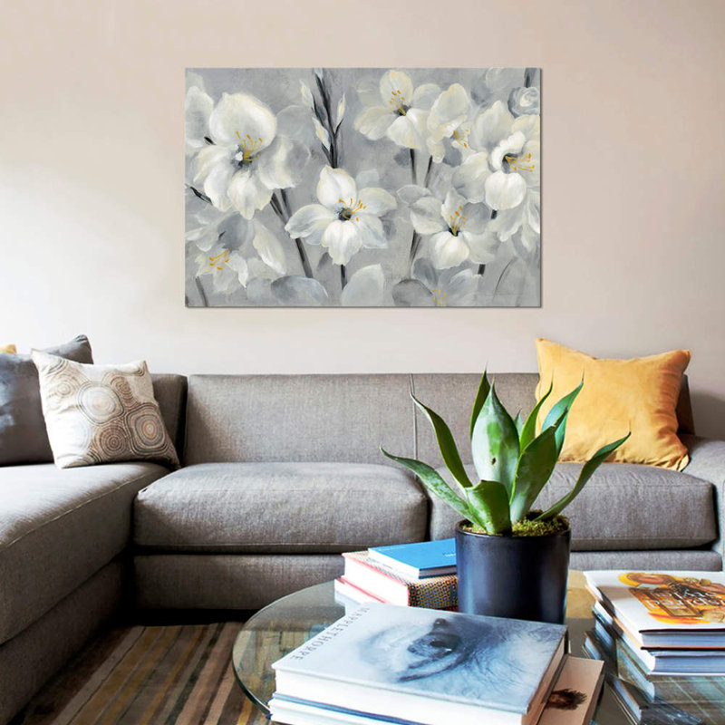 « fleurs on gray », reproduction sur toile, H 8 po x l 12 po x P 0,75 po, Pas de tapis, Toile tendue