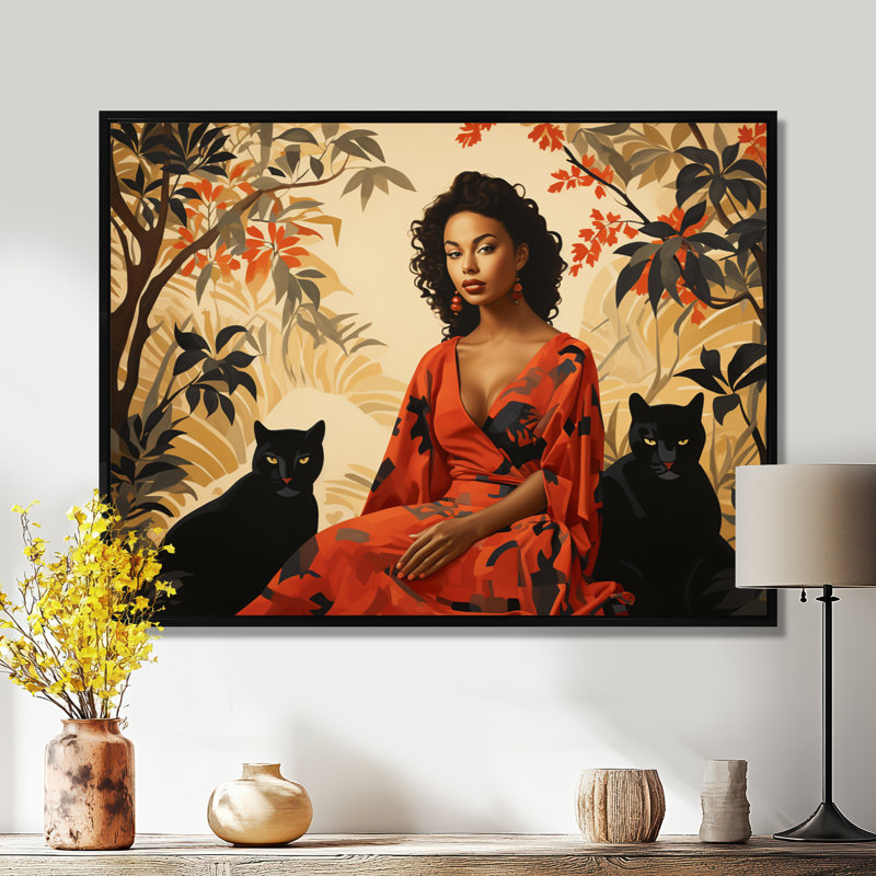Deux panthères noires en robe rouge - art mural panthère, Toile avec cadre flottant noir, H 12 po x l 20 po x P 1 po