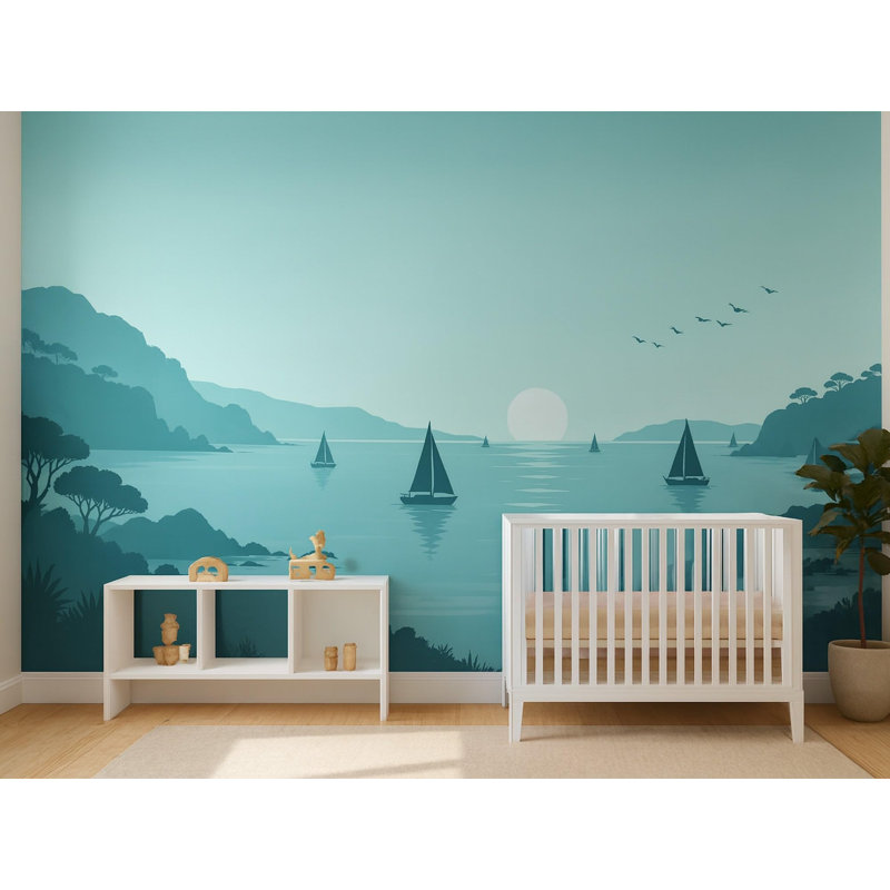 Bay and Sailboats Wallpaper Mural, Peel and Stick Kids Room Wall Mural, Layered Silhouette Landscape Nursery Wallpaper