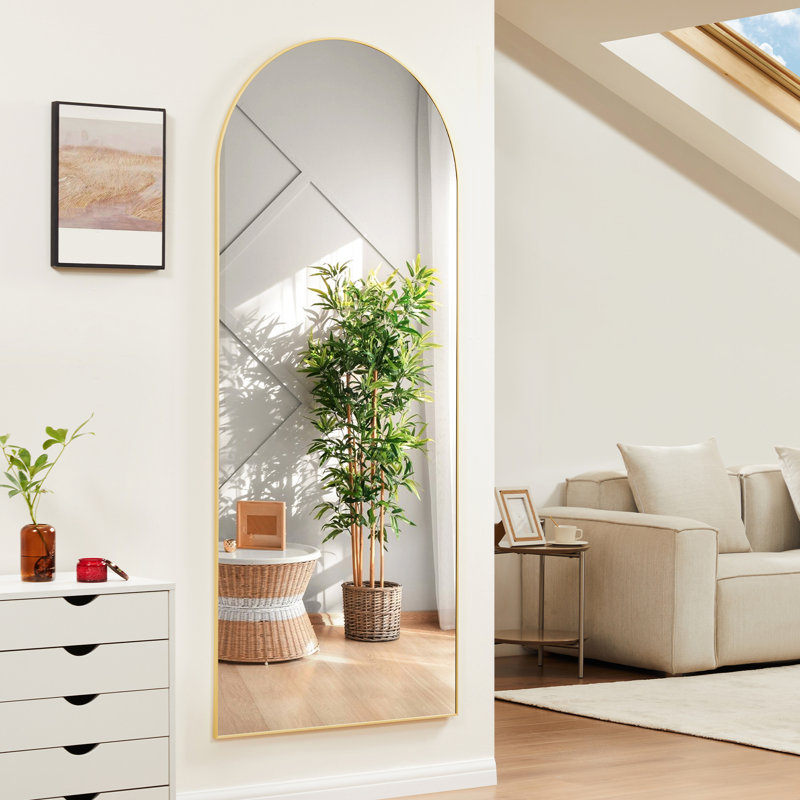 Arched Metal Oversized Full Length Mirrors Wall Mirrors with Stand, Gold, 71" x 26"
