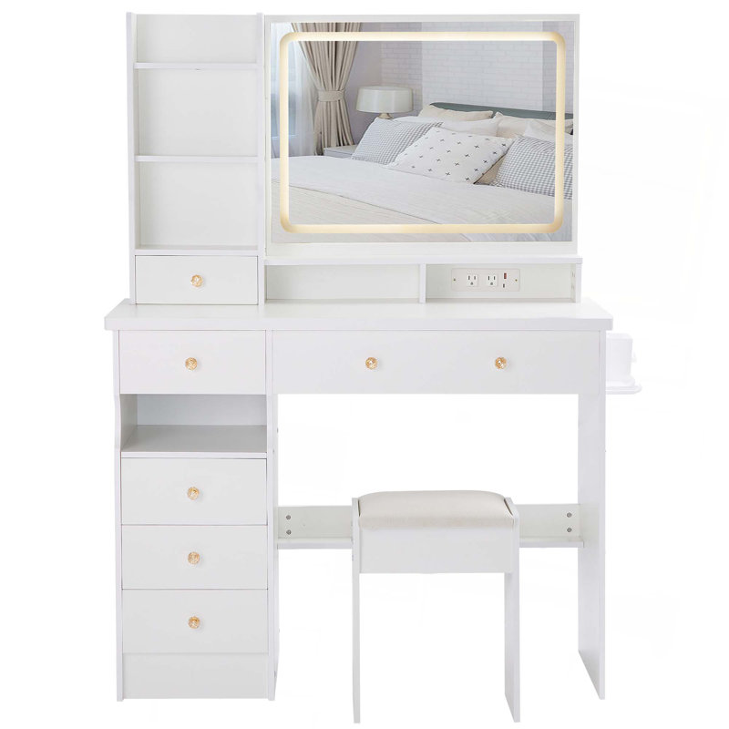 41" Large Size Left Bedside Cabinet Vanity Table+Cushioned Stool Dresser Set,2 AC+2 USB Power Station,Hair Dryer Stand, Extra Large Touch Control LED Mirror,3-color Switch