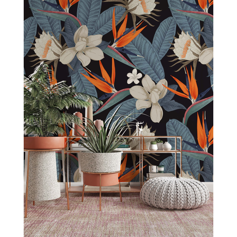 Papier peint amovible à motif de fleurs botaniques sur fond foncé, L 9 po x l 15 po