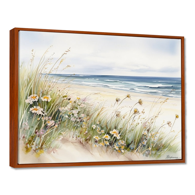 Fleurs sauvages sur la plage - Art mural fleurs sauvages, H 30 po x l 40 po, Cadre flottant brun