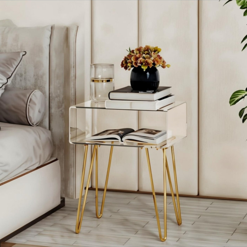 Table d'appoint en acrylique avec tablette de rangement, table de chevet moderne et transparente pour salon, chambre à coucher