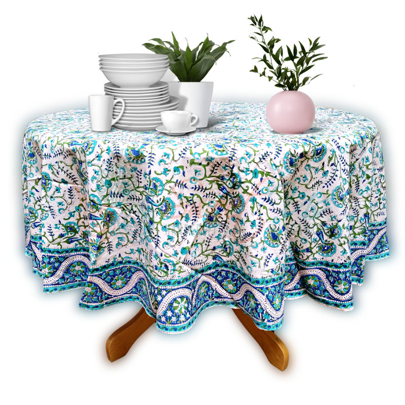 Block Print Floral Cotton Round Tablecloth, Yellow/Red