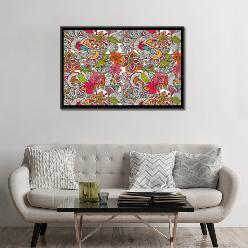 Flower Doodles In Color, impression sur toile tendue, H 32 po x l 48 po x P 1,5 po, Toile avec cadre noir