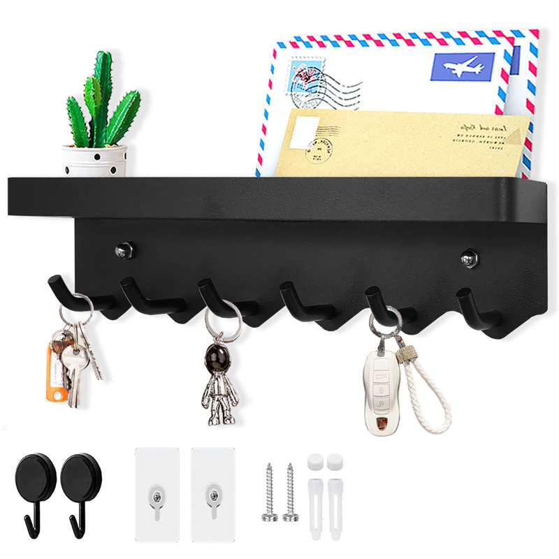 Metal Wall Organizer with Key Hooks, Black