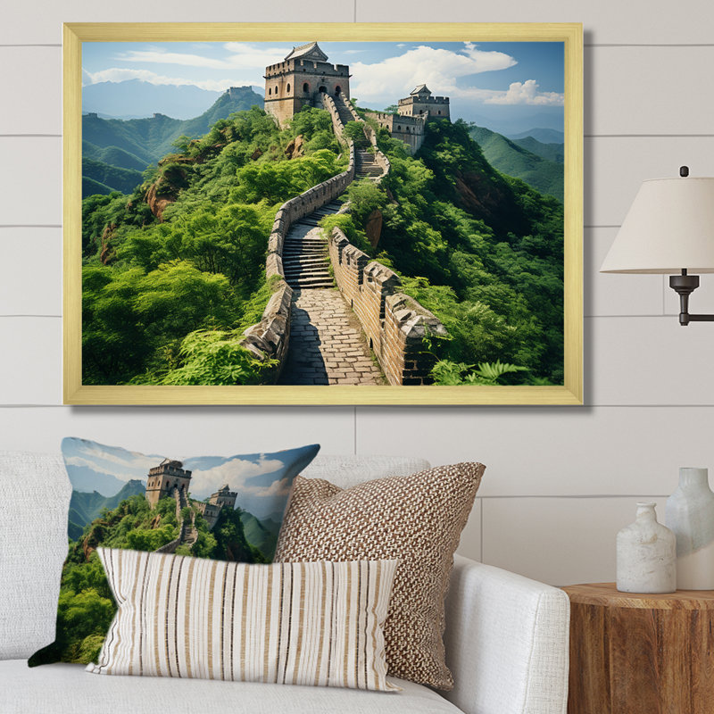 Panorama de la Grande Muraille de Chine - art mural Chine, Cadre doré à coins fermés, H 16 po x l 32 po x P 1 po
