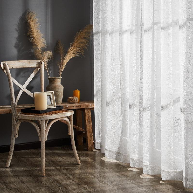 Feather Pattern Sheer Grommet Jacquard White Window Curtain Drapes (Set of 2), 45" W x 52" L