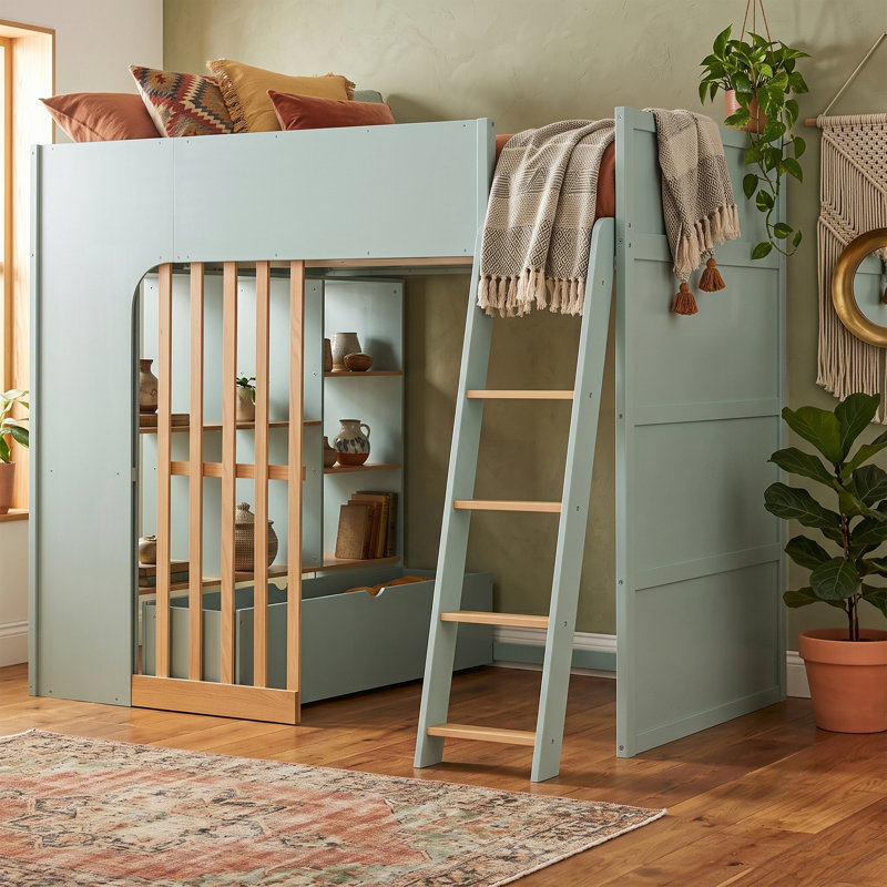 Lit mezzanine en bois, taille standard, avec étagères de rangement, échelle et tiroir sous le lit, lit d'appoint pour enfant, vert menthe et chêne naturel