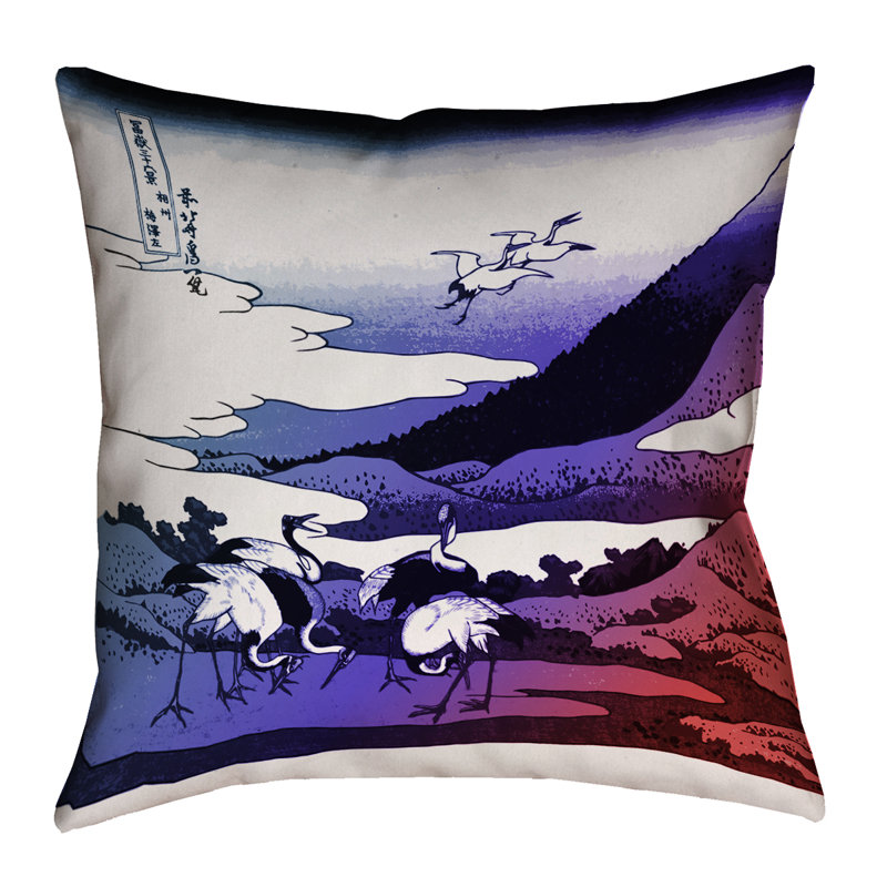 Coussin de suède en suède japonais grues Montreal, 26 po x 26 po, Bleu/rouge