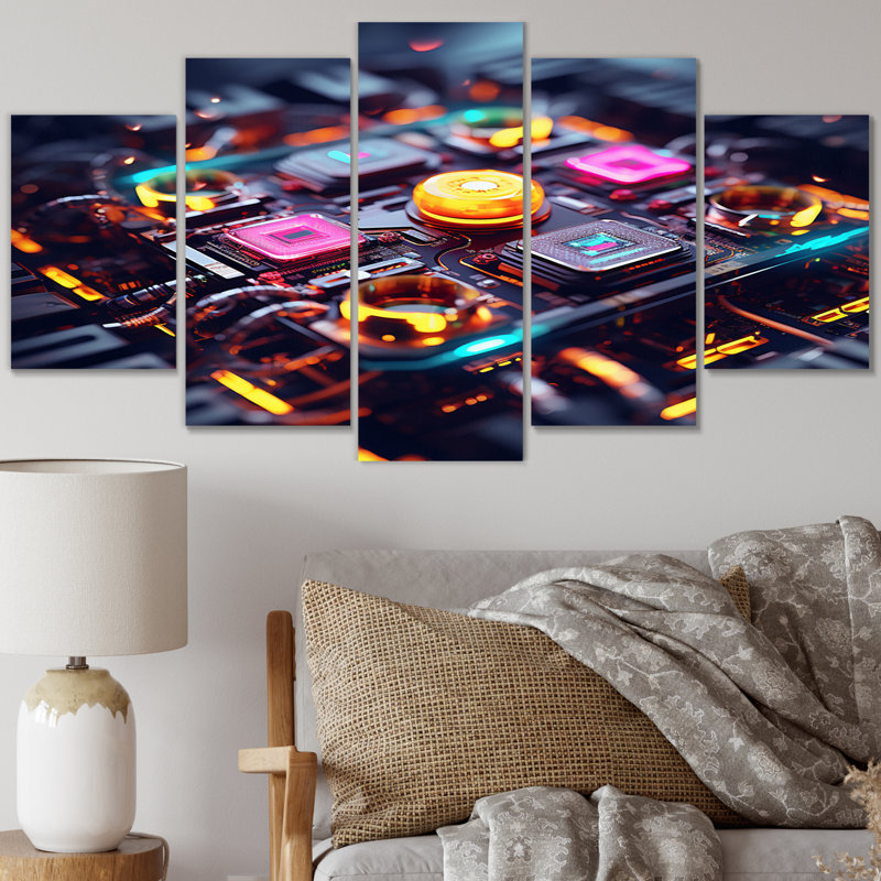 Sci-Fi High-Tech In Neon - Fantasy & Sci-Fi Wall Art Print - 5 panneaux