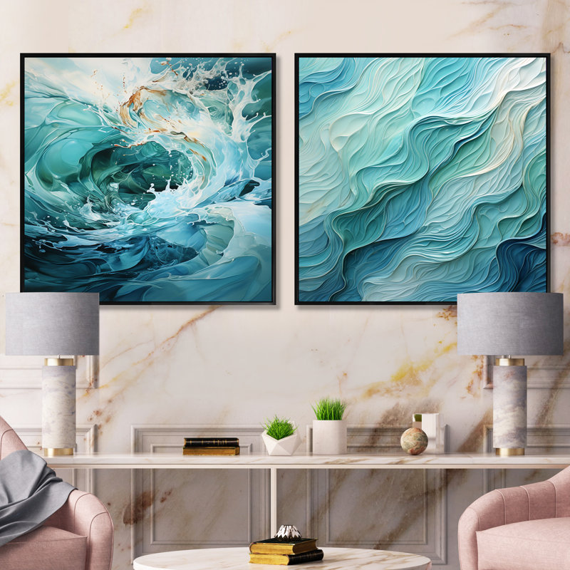 Aqua Blue And White Serenity Swirl - Abstract Square Collage Set Of 2, Black Floater Framed, 16" H x 33" W
