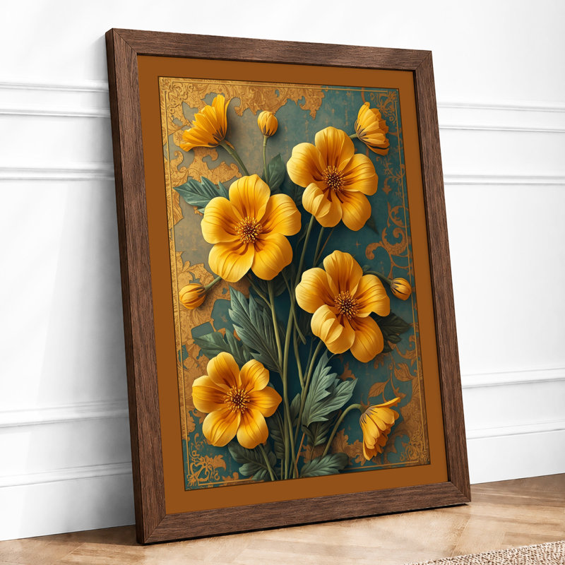Golden Nasturtium Botanical - Framed Print, A1 - 84.1 x 59.4 cm, Walnut