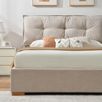 Tessie Upholstered Platform Storage Bed With Removable Pillow-Style Headboard, 2 Large Wooden Drawers, Beige, Queen
