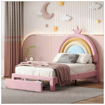 Lit simple tapissier arc-en-ciel avec tiroir de rangement, sans sommier, idéal pour les chambres vibrantes et fonctionnelles